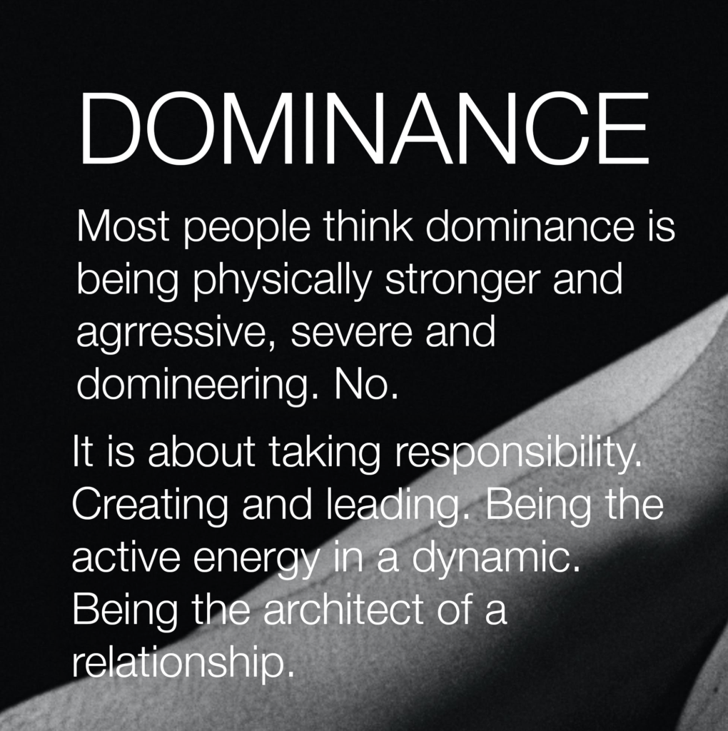 Domina Madrid Dominance Most people think dominance is being physically stronger and aggressive, servere and domineering. No. It is about taking responsibility. Creating and leading. Being the active energy in a dynamic. Being the architect of a relationship.